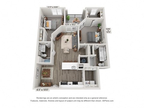 Floor plan for 2 beds, 2 baths, 1147 sqft